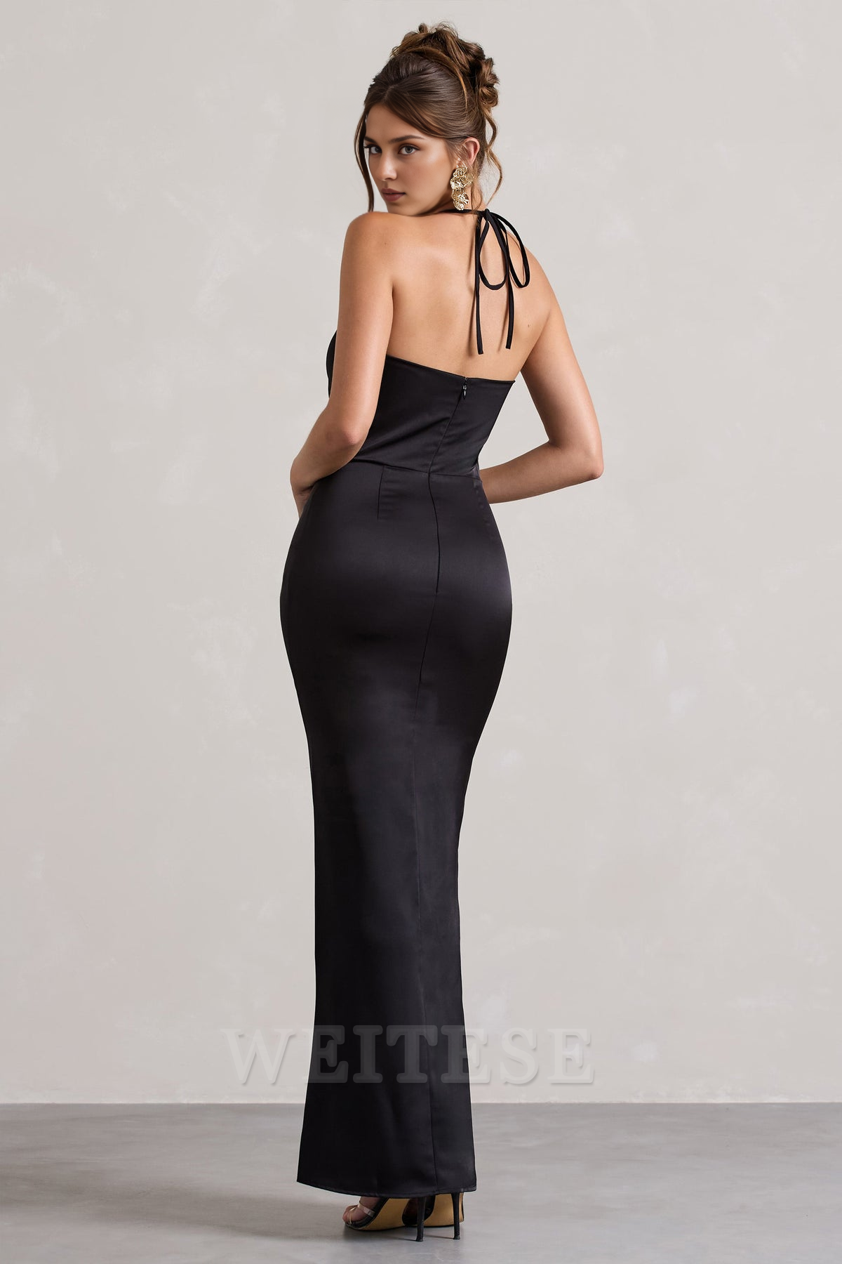 Robe Weitese à bretelles spaghetti en satin noir, col bénitier, robe longue fendue torsadée, robe de demoiselle d'honneur, sans manches, longueur au sol, robe de bal